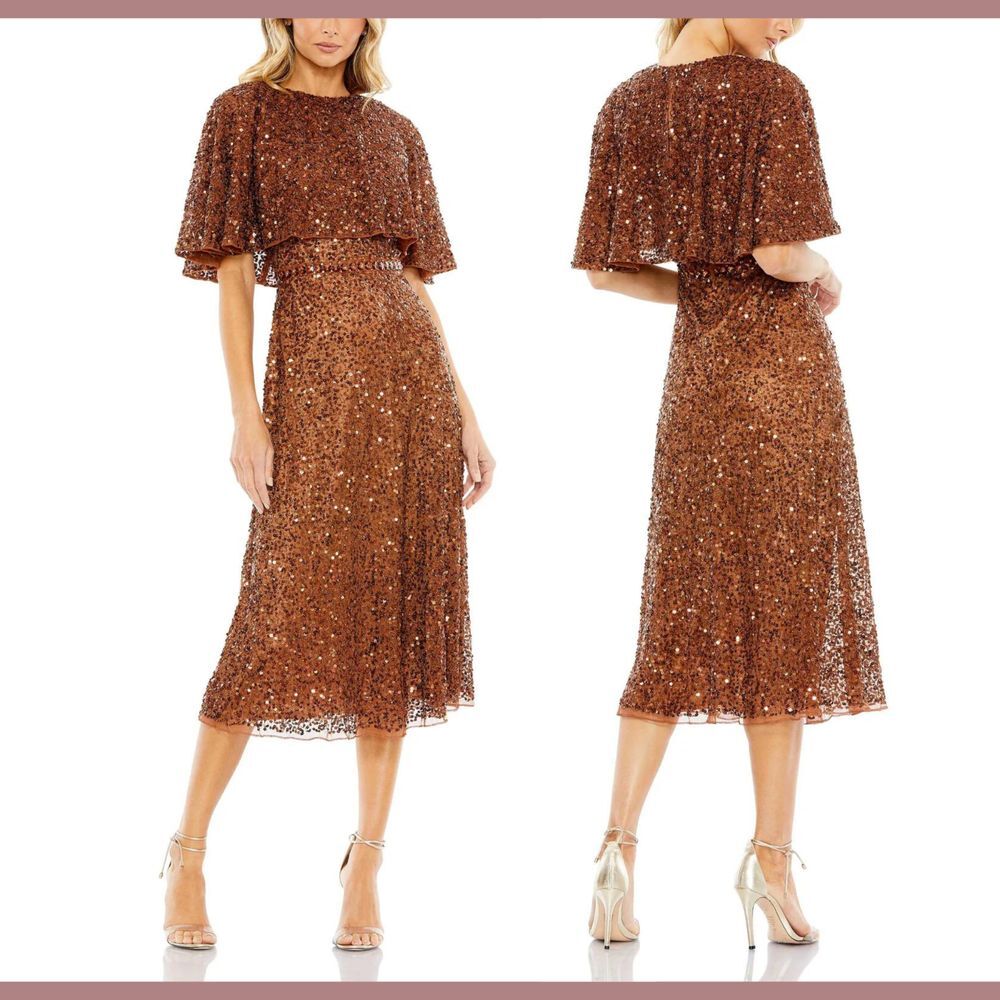NWT $498 Mac Duggal [ 8‎ ] 5577 Embellished Cape High Neck Midi Dress Copper